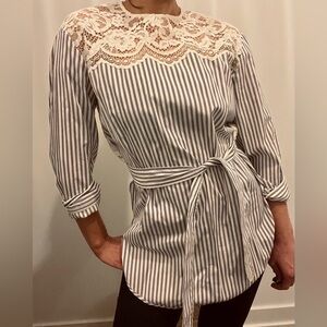 Sandro White and Navy Blue Striped Lace Blouse